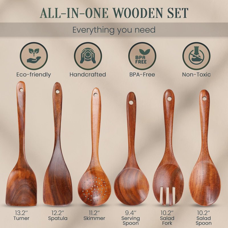 BRIVANA 6-Piece Teak Wood Utensil Set – Durable Natural Teak with Smooth, Sealed Finish – Gentle on Non-Stick Cookware for Everyday Stirring, Mixing, Serving and Cooking
