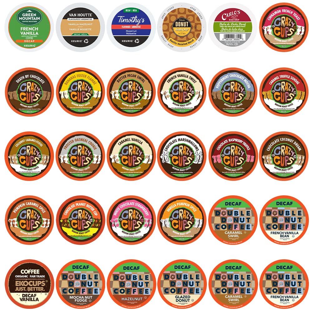 Crazy Cups Flavored Decaf Coffee Pods Variety Pack Sampler, Assorted Single Serve Decaffeinated Coffee Capsules for Keurig K Cups Brewers, 30 Flavored Decaf Coffees - No Duplicates