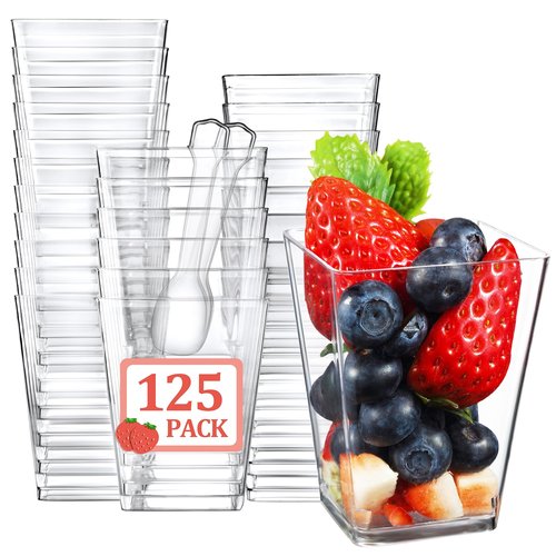 Eupako 125 Pack 5 OZ Plastic Mini Dessert Cups with Spoons - Clear Small Parfait Cups, Square Appetizer Cups for Fruit, Pudding, Mousse, Ice Cream, Party, Wedding, Valentine's Day