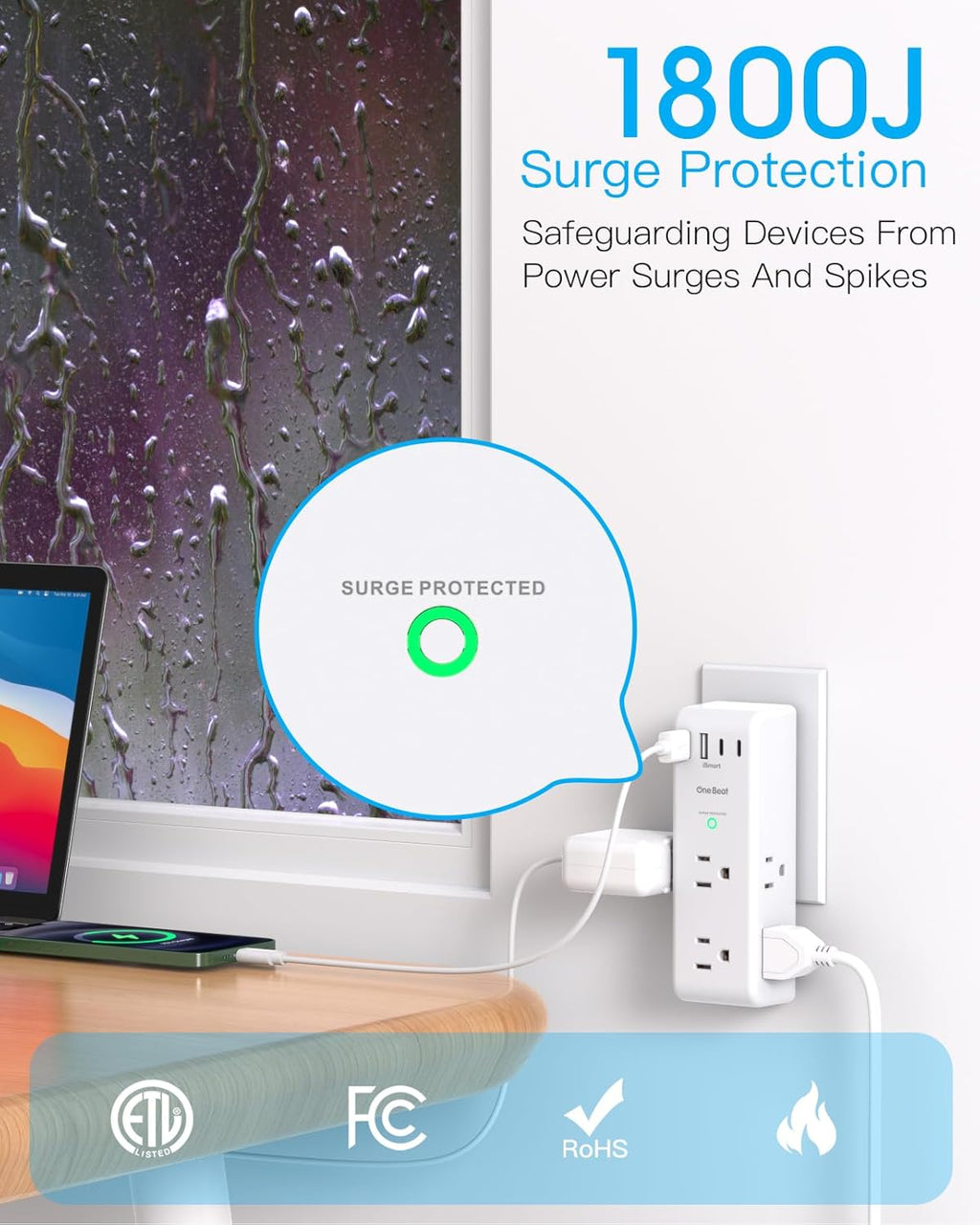 Surge Protector by [Brand Name] - 6 AC Outlet Extender with 4 USB Ports & Rotating Plug | 1800J Power Strip for Home & Office