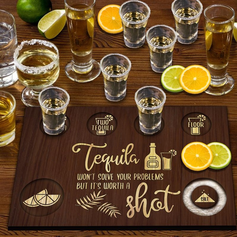 Tequila Shot Board Set With 6pcs Shot Glass Tequila Gifts, 7.8x11.8 Inch Wooden Serving Tray with Salt Rim, Shots Glass Holder for Restaurant Family, Fun Bar Party Housewarming Gifts