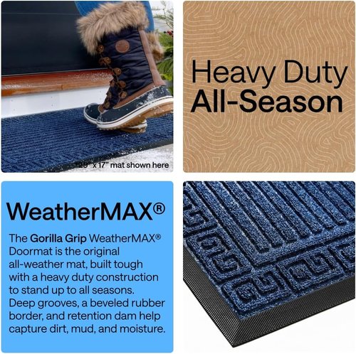 GORILLA GRIP Waterproof All-Season WeatherMAX Doormat - 35x23, Natural Rubber, Stain & Fade Resistant, Navy Greek Keys