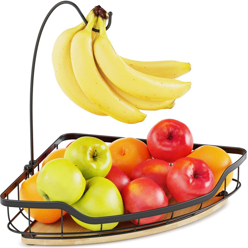 CACHOLIV Fruit Holder for Kitchen Countertop with Banana Hanger, Vegetable Basket with Bamboo Base for Kitchen Corner Storage, Black