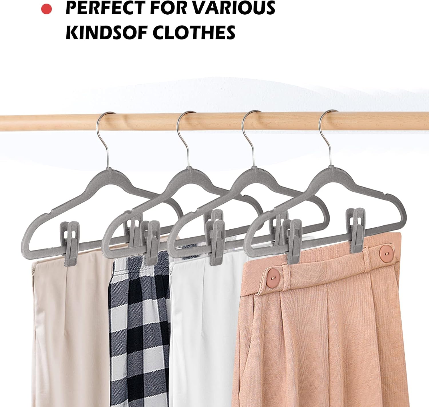 Tinfol Gray Velvet Hanger Clips - Non-Slip Flocked Clips for Pants & Skirts | 24 Pack with Strong Grip