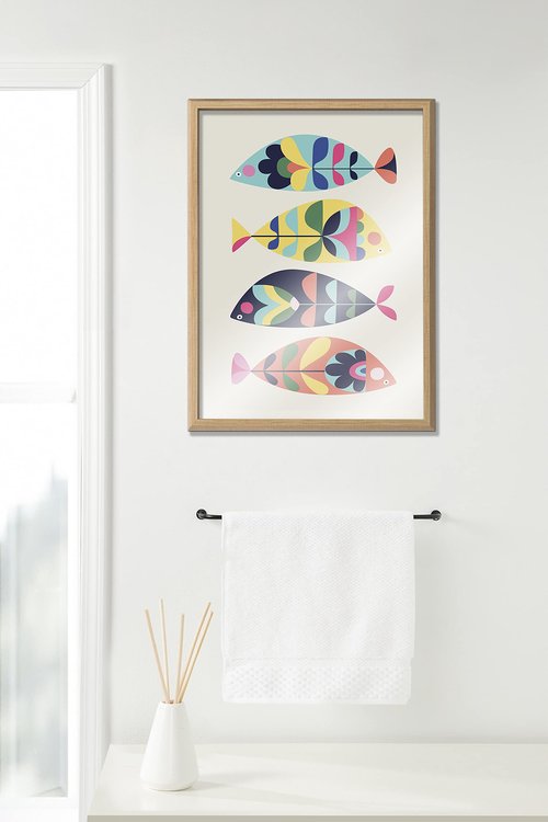 Kate and Laurel Blake MCM Fish Framed Printed Glass Wall Art by Rachel Lee of My Dream Wall, 18 x 24 Natural, Decorative Midcentury Art for Wall