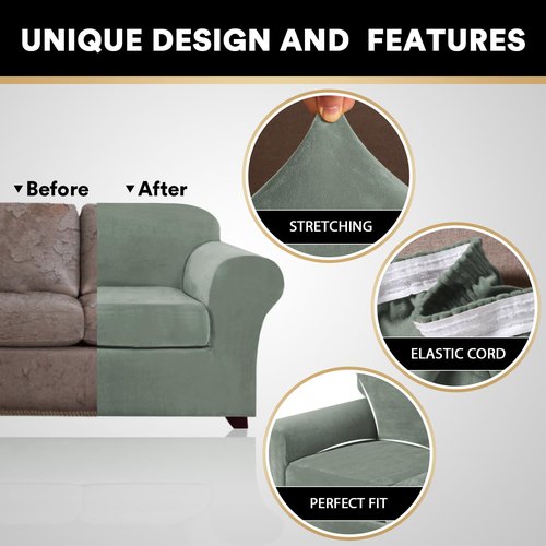 PrinceDeco Couch Cover Velvet Plush Sofa Covers for 2 Cushion Couch Width Up to 90 Inch Washable Furniture Protector Pet Friendly No Slip Sofa Slipcover(Medium-Large, Seagrass)