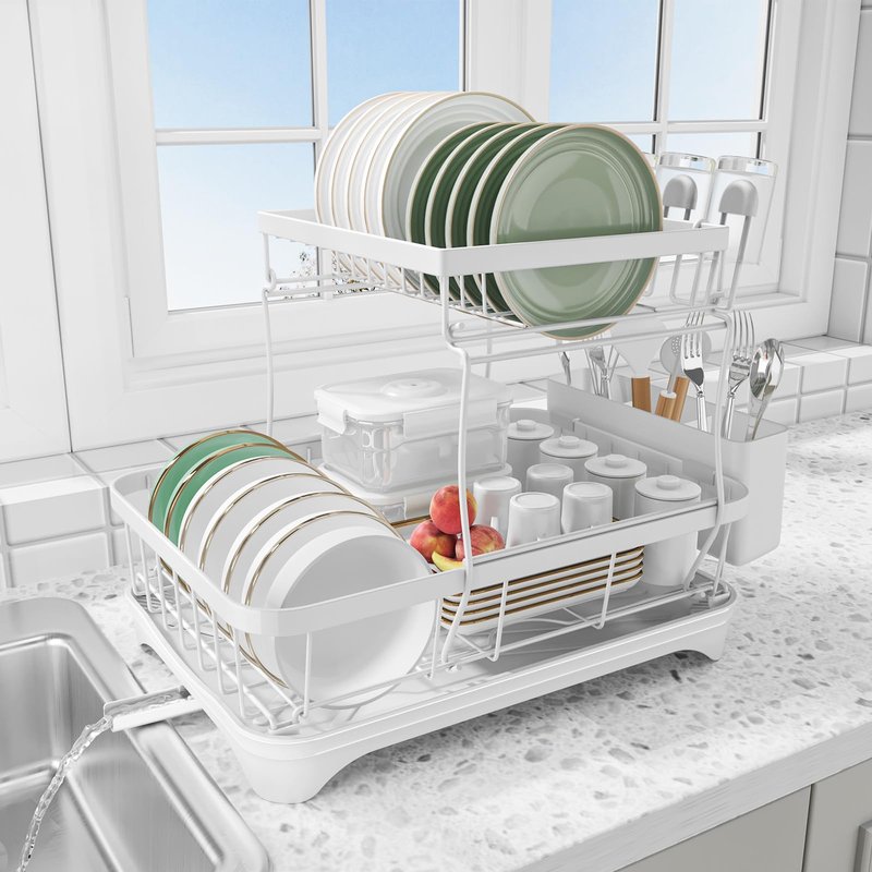Dish Drying Rack - 304 Stainless Steel Dish Rack for Kitchen Counter , Adjustable Spout Auto-Draining Dish Rack, 2-Tier Kitchen Organizers and Storage Rack with Drainboard and Cutlery Holder White