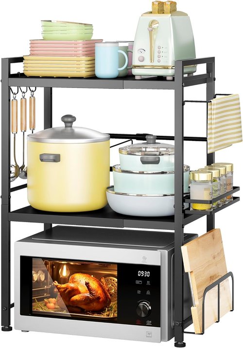 DOLALIKE Microwave Oven Rack - Expandable Kitchen Storage Stand with 6 Hooks | Carbon Steel Countertop Organizer