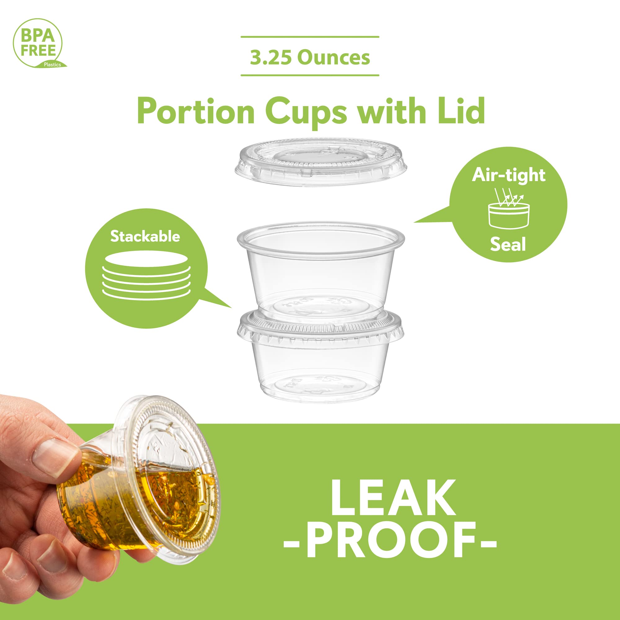(3.25 oz - 100 Sets) Clear Diposable Plastic Portion Cups With Lids, Small Mini Containers For Portion Controll, Jello Shots, Meal Prep, Sauce Cups, Slime, Condiments, Medicine, Dressings,