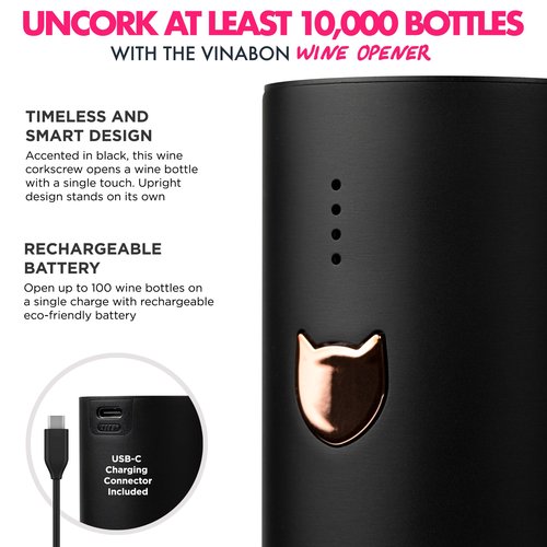 VINABON Electric Wine Opener - Updated 2026 One-Touch Automatic Wine Bottle Opener Corkscrew - Rechargeable (Up to 100 Bottles/Charge) with Foil Cutter Stand, LED Indicator. Includes Wine Guide eBook