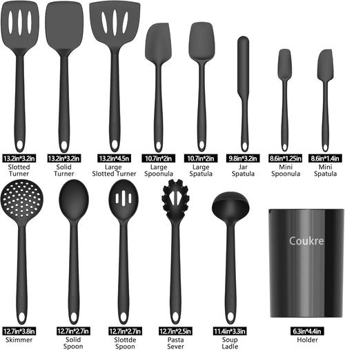 Coukre Silicone Kitchen Utensils Set - Heat-Resistant, Food-Grade Tools with Holder | 14-Piece Pure Black