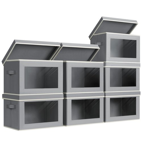 Homsorout Storage Box with Lids - 7 Pack Fabric Clear Window Storage Bins, Decorative Bins with Handles, Large Foldable Organizer for Clothes, Towel, Blanket, Sheet, Grey