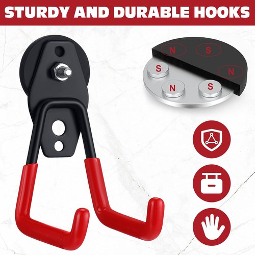 Landhoow Heavy Duty Magnetic Hooks - 6 Pcs Strong Storage Utility Hangers with Anti-Slip Rubber Coating | Red
