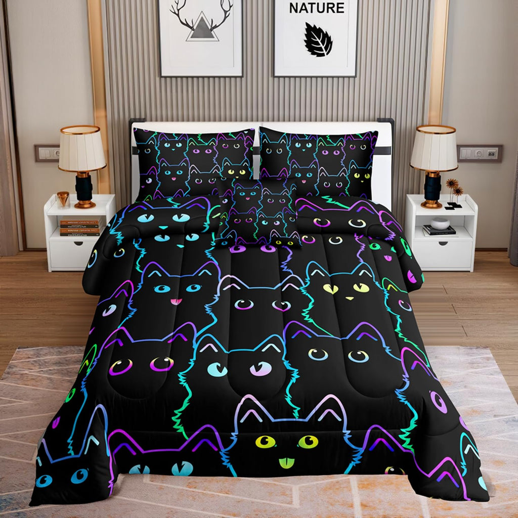 5 Piece Cat Comforter Set Twin Size Bed in A Bag set Cute Black Cat Bedding Set for Girls Boys Kids Teens (with 1 Comforter,1 Flat Sheet,1 Fitted Sheet,1 Pillowcases1Cushion Cover)Cats 5001-5Pcs T