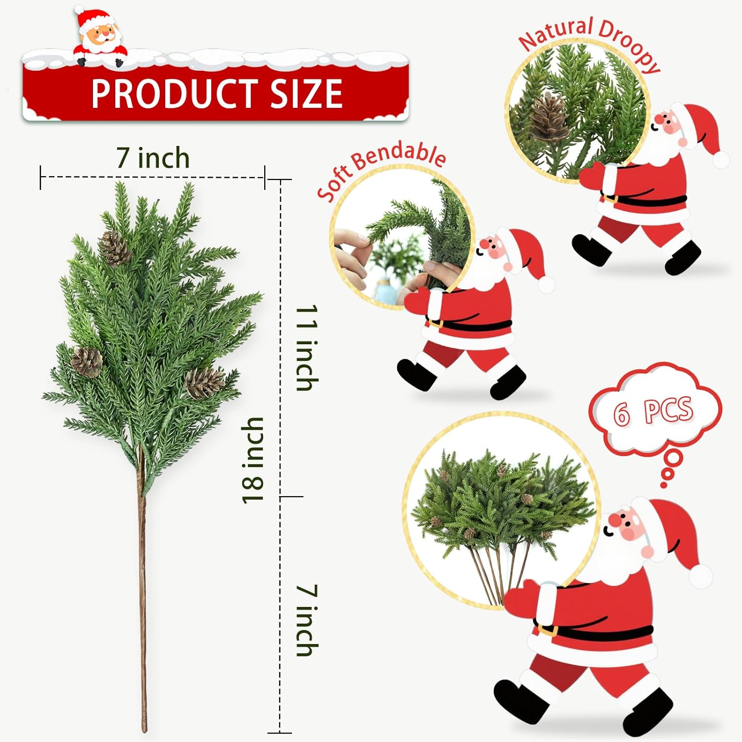 Skiennix Christmas Greenery Stems - Realistic Pine & Cedar Picks with Pinecones | 6 Pcs for Home Decor