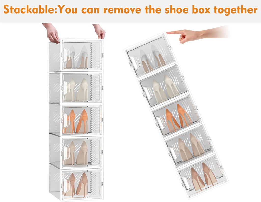 Skiennix X-Large Shoe Organizer - 12 Pack Clear Plastic Stackable Storage Boxes for Size 13