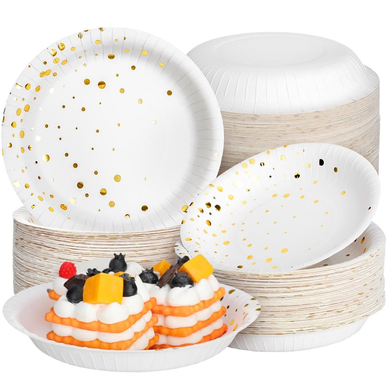 Yiyiring 60 Pack White and Gold Paper Bowls 7 Inch Disposable Gold Dot Paper Bowls for Party Birthday Supplies Round Snack Dessert Salad Disposable Tableware for Wedding, Engagement, Baby Shower