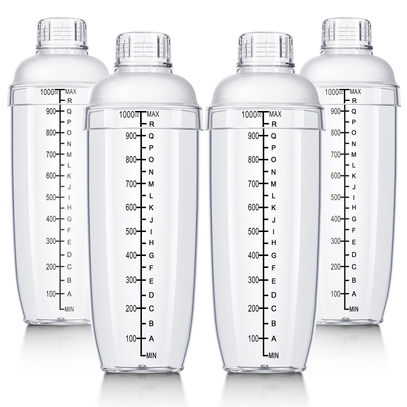 Lallisa 4 Pcs Plastic Cocktail Shaker Hand Drink Mixer Bubble Tea Shaker with Scales and Strainer Top Clear Cup with Measurements Mixing Tool for Tea Coffee Milk(1000 Cc/ 34 oz)