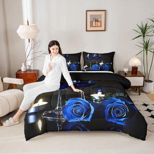 Girly 3D Rose Queen Comforter Set for Teens Rose Floral Wine Glass Bedding Sets Bedroom Decor Blue Flowers Down Comforter Couple Valentine's Day Duvet Insert Black Grey Quilted Comforter, 3Pcs