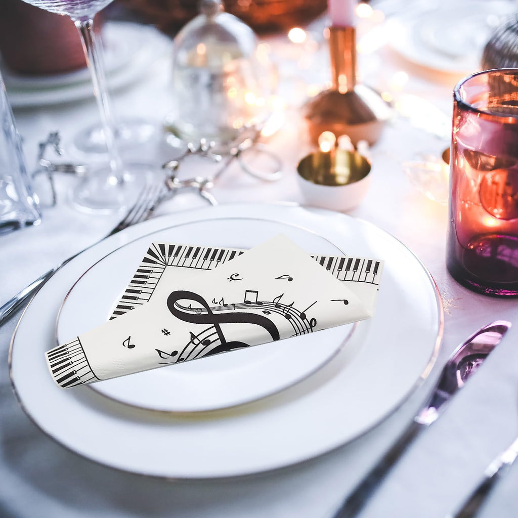 Jagrove 100 Count Disposable Paper Music Napkins 2 Ply Musical Notes Piano Keys Print Decorative Beverage Guest Luncheon Dinner Cocktail Napkins for Music Themed Party, 6.5X6.5 Inches Folded