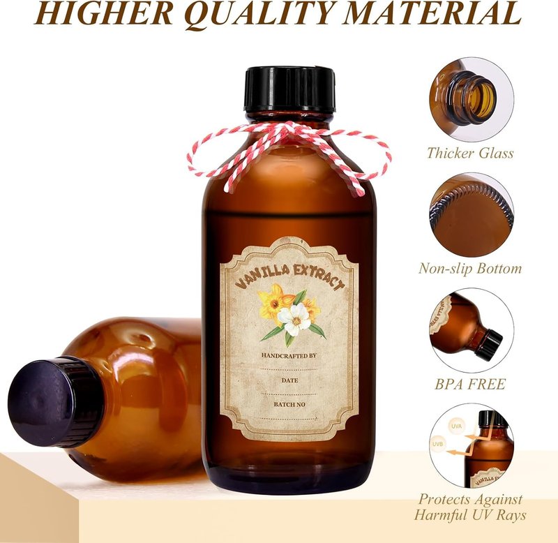 ohaayoo 8 Pack 8 Ounce Amber Glass Bottle Boston Round Bottles with Caps Brown Vanilla Extract Bottles，8 Pcs Vanilla Extract Stickers for Syrup Gift Glass Food Storage Canister Set Sauce Beans