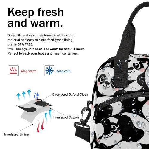 KATHRYNAYA Panda Lunch Box Cute Reusable Insulated Lunch Bag Thermal Cooler Tote Meal Prep with Removable Shoulder Strap For School Picnic Hiking Work Travel