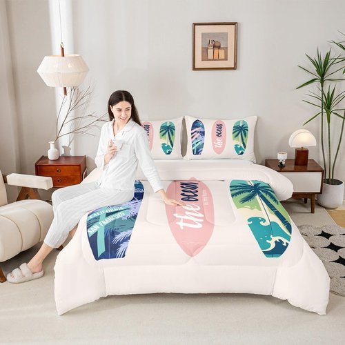 Homewish Surfboard Bedding Set Full Size Summer Sea Surfing Theme Comforter Set 3pcs for Kids Boys Girls Ocean Theme Duvet Insert Luxury Microfiber Down Comforter