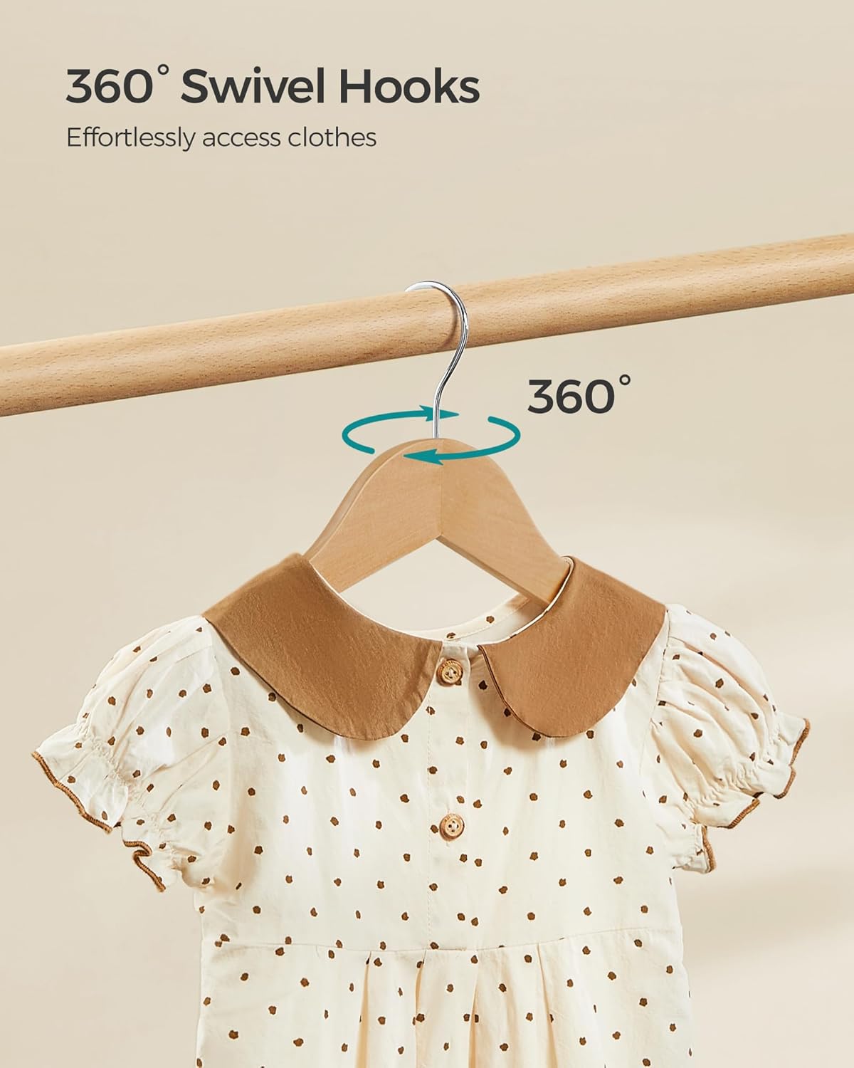 SONGMICS Kids Wooden Hangers - Solid Wood Baby Coat Hangers with Pants Bar & Swivel Hooks | 20 Pack, Natural