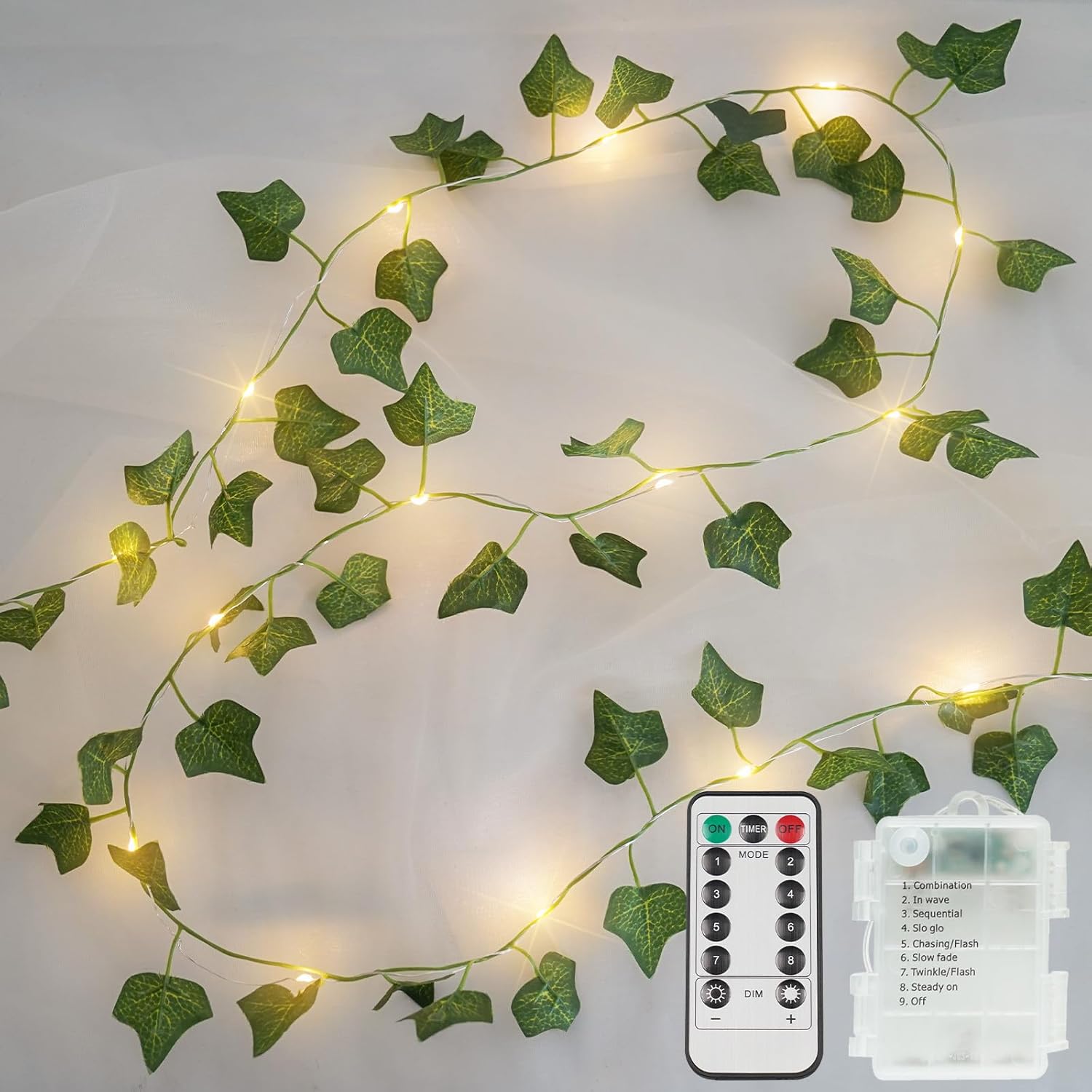 Suddus Ivy String Lights - 40 LED Battery Operated Fairy Lights with Remote | 13.1ft Warm White Decor for Bedroom, Garden, Party, and Weddings