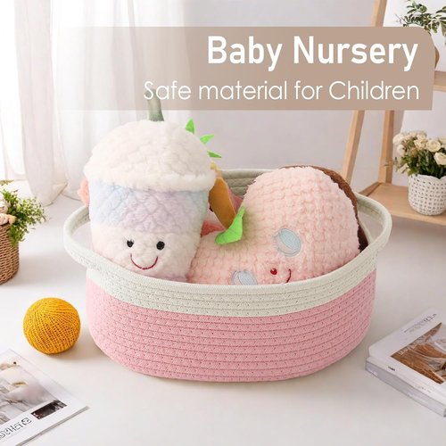 JMvicyroam Woven Basket - Small Rope Storage Bin with Handles for Organizing Shelves | White & Pink - 3 Pack