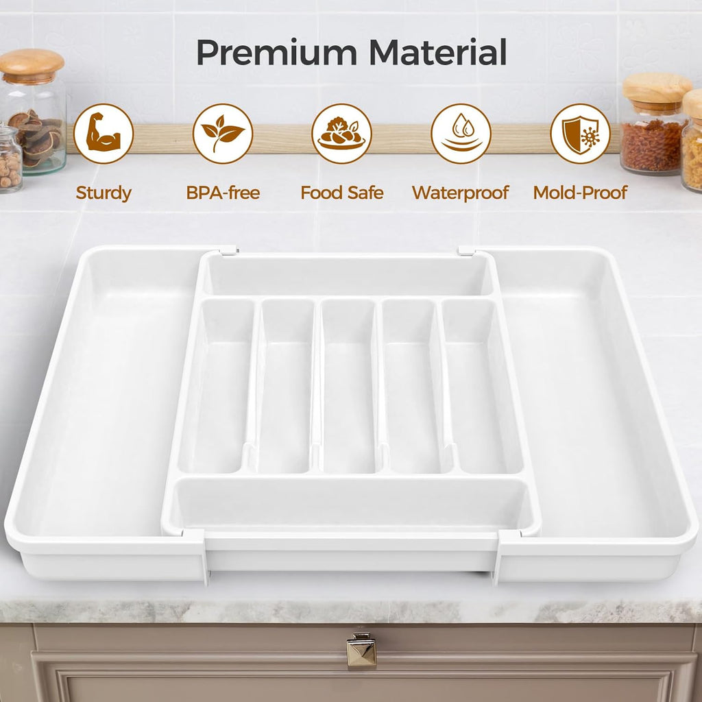 Ukeetap Extra Large Expandable Silverware Organizer - BPA-Free Cutlery Holder for Kitchen Drawers | White