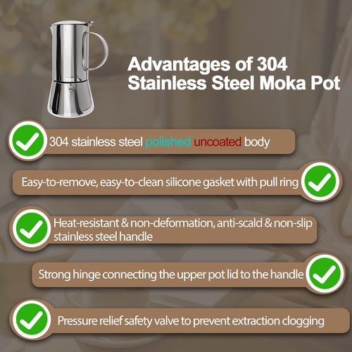 Uncoated 2 Cup Moka Pot 304 Thickened Stainless Steel Coffee Maker Stovetop Espresso Coffeemaker Italian Classic Style Brewing Greca Cafe Mocha Machine for Cafeteras Camping Travel Home 100ml 3.3oz