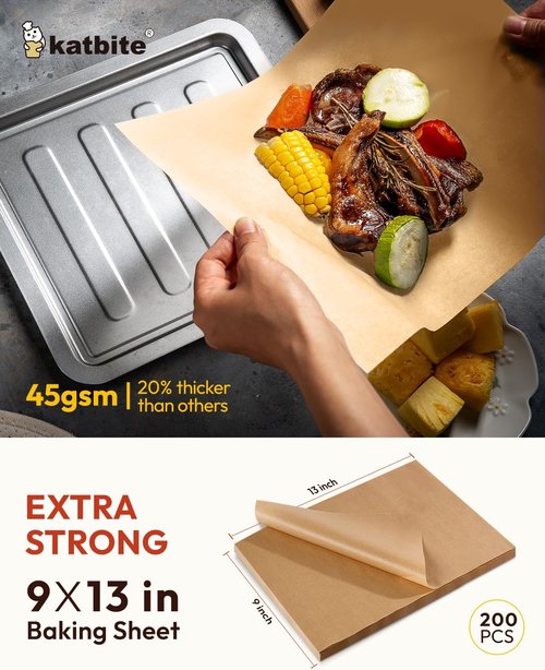 Katbite 200 Pcs Heavy-Duty Unbleached Parchment Paper Sheets - Perfect for Baking, Cooking & Frying (9x13 Inch)