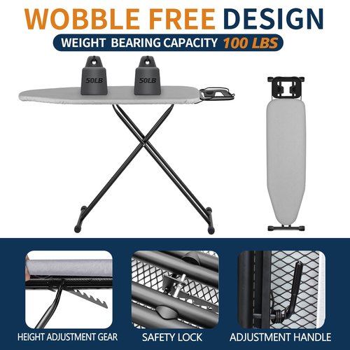 Deegureet Ironing Board, Compact and Space Saver Patented Ironing Board with Iron Rest, Heat Resistant Cover with Ultra Thick Padding, Easy Storage with Stable Structure, Heavy Duty Steel Legs