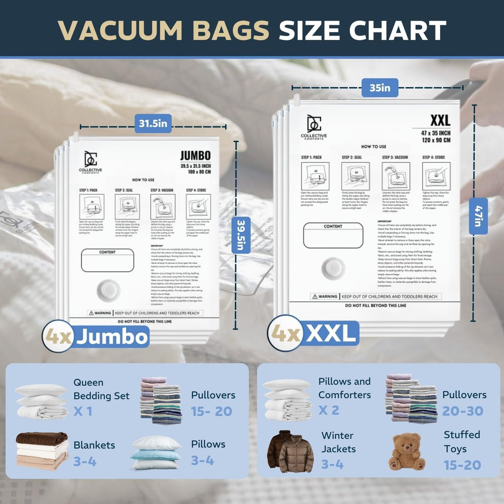Vacuum Storage Bags by [Brand Name] - 8 Pack of 4 XXL & 4 Jumbo Compression Bags for Bedding & Clothing