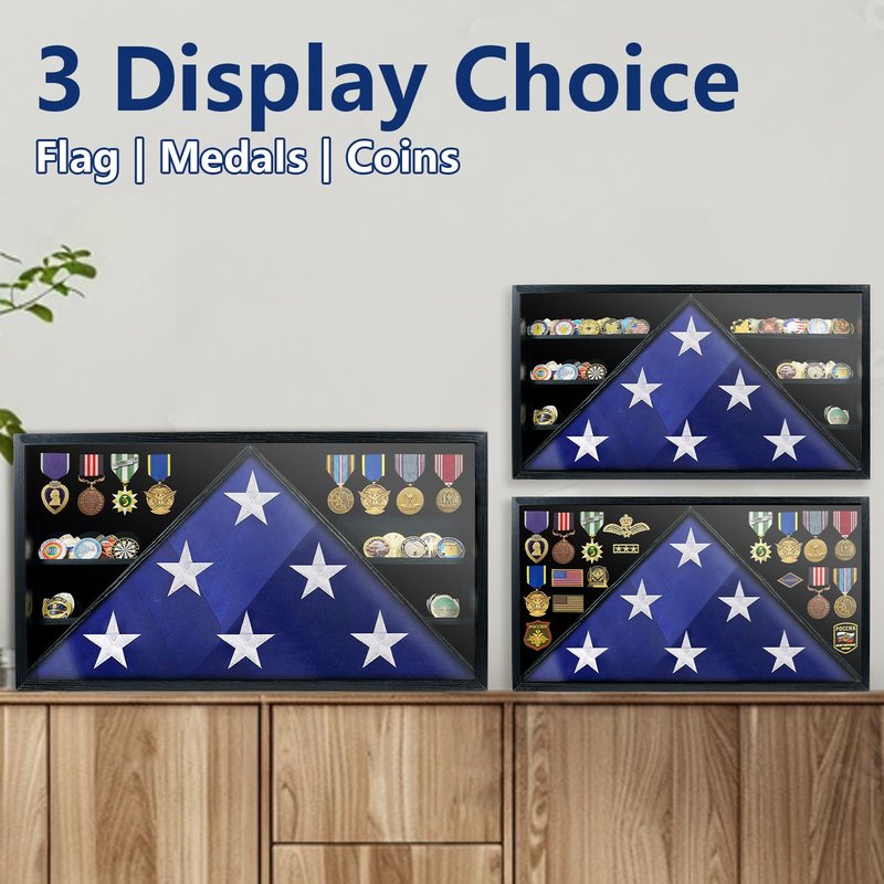 Flag Display Case for Funeral Flag, 5' x 9.5' Military Burial Flag Box with HD Tempered Glass and Removable Dividers, Memorial Flag Frame with Felt Lining for Badges Medals (Black)