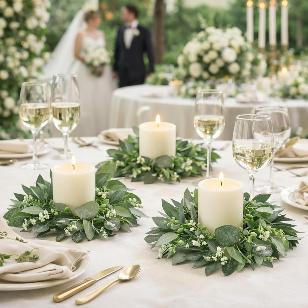 Thinkday Eucalyptus Candle Ring Set - 4 Inch Mini Artificial Wreaths for Home Decor | Green Floral Centerpieces