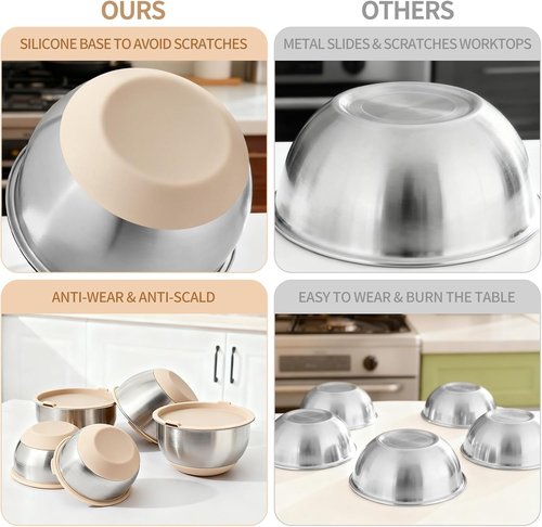 Deedro Premium Mixing Bowls Set - 22 Pcs Stainless Steel with Airtight Lids | Non-Slip Silicone Base, Khaki