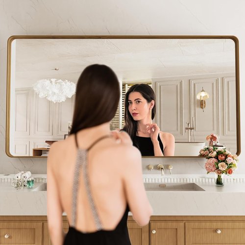 LOAAO Bathroom Mirror - 72x36 Inch Rounded Rectangle Design with Wood Grain Metal Frame | Anti-Rust, Versatile Hanging Options