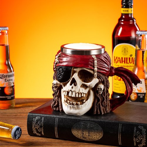 Skull Mug Caribbean Pirate Bandana Beer Coffee Mugs with Handle, Stainless Steel and Resin Tankard Coffee Beer Mug Cup Drunken Pirate's Life For Me Buccaneer Nautical Kitchen Dining Accessory - 14oz