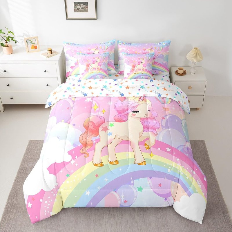 Feelyou Unicorn Girls Bed in a Bag Full Rainbow Kids Pink Unicorn Comforter Set with Sheets Kawaii Cute Stars 7 Piece Bedding Set Teens Children Adults Cartoon Unicorn Room Decor All Season