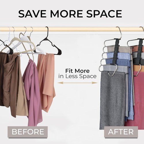 MORALVE Space-Saving Pants Hangers - Non-Slip Multi-Layer Design - 4 Pack for Closet Storage (Black)