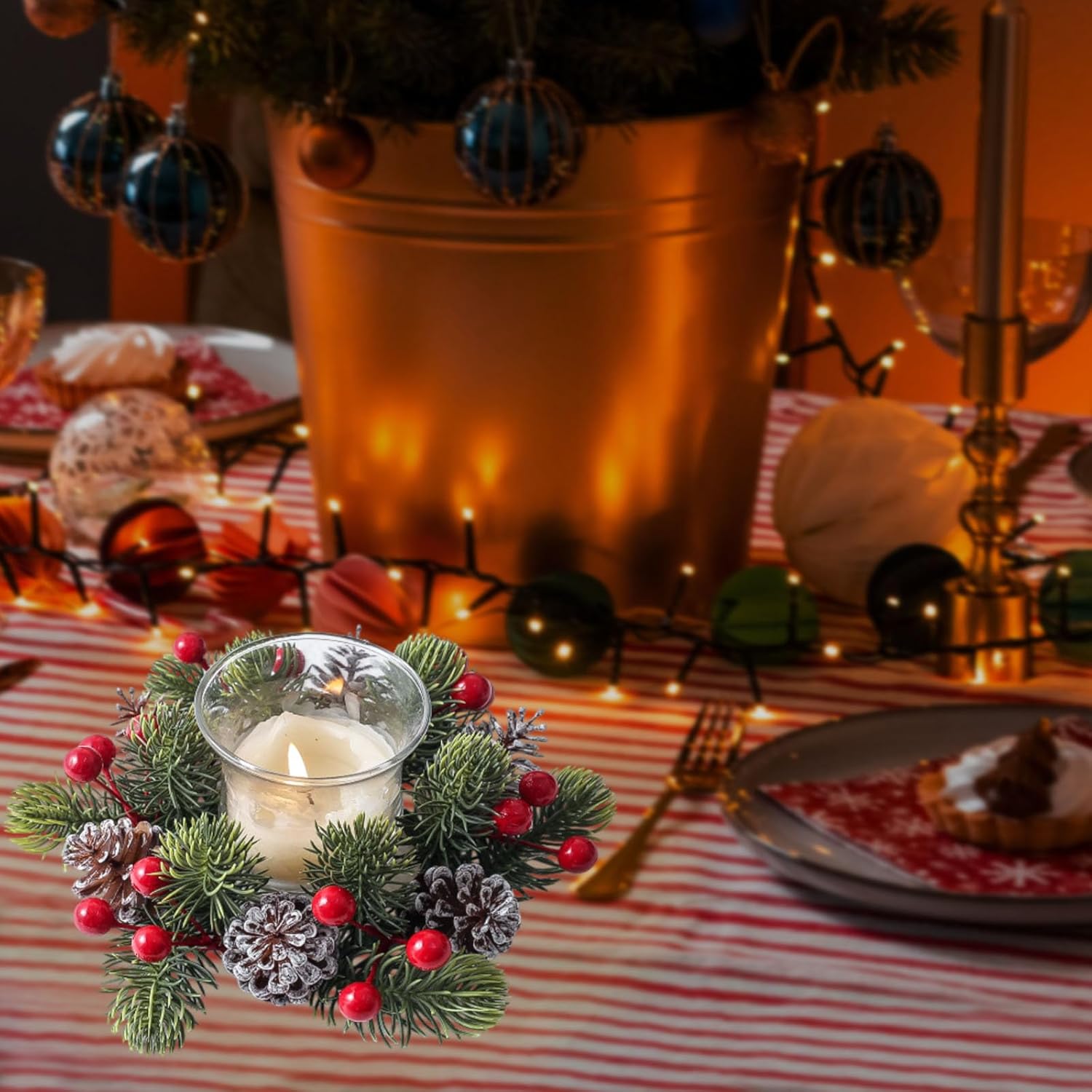 Skiennix Christmas Candle Rings - Artificial Berries & Pinecones Wreaths | 3-Inch Centerpiece for Holiday Decor (Set of 2)