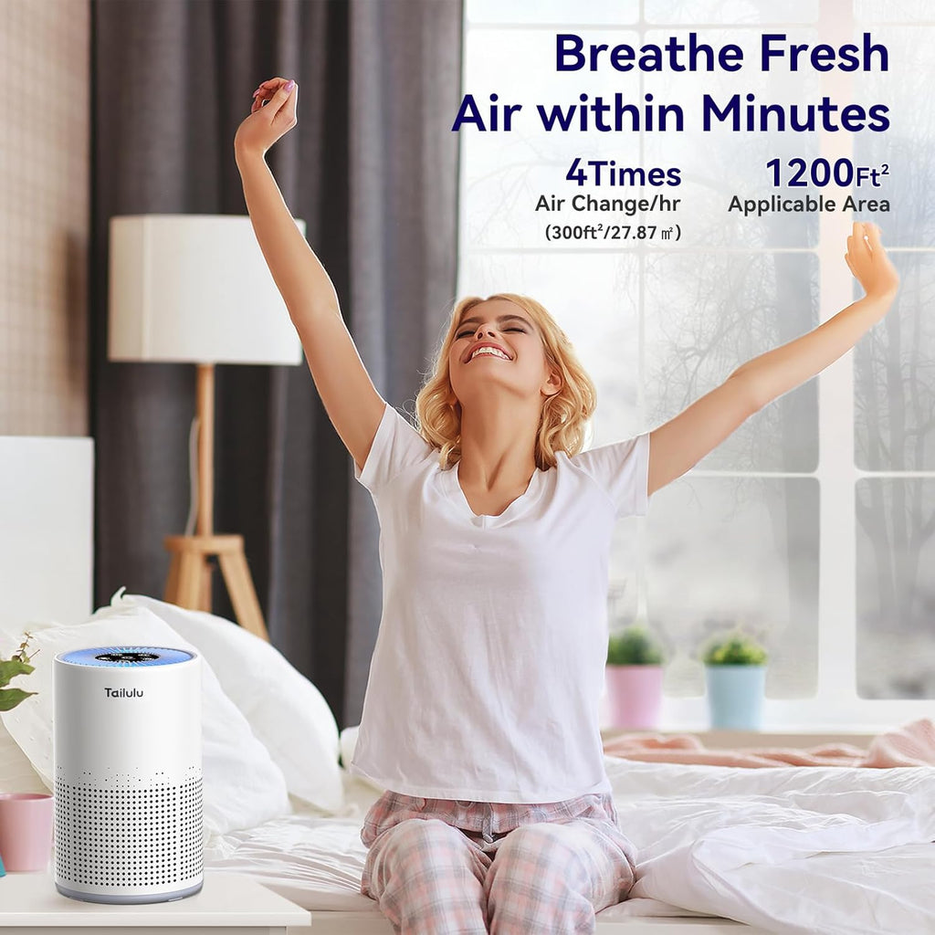 Tailulu H13 True HEPA Air Purifier - Portable 1200 Ft² Cleaner with 12dB Sleep Mode & Timer | Ideal for Pets, Dust & Odors