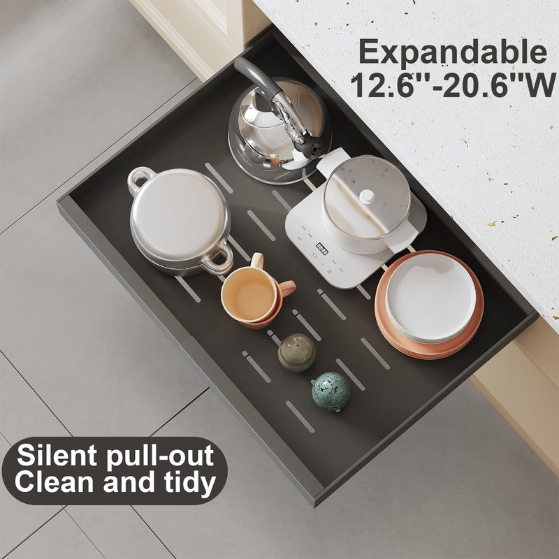 Qayfatter 2 Pack Pull Out Cabinet Organizer, Expandable 12.6"-20.6" Width, 16.5" Dx 2.9" H, Heavy Duty Carbon Steel Slide Out Drawers with 3 Silent Rails, No Drill Install, Patent US D1080100S