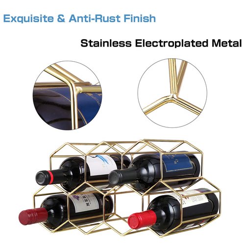 Buruis 9-Bottle Countertop Wine Rack, Honeycomb Metal Wine Holder for Red & White Wines, Standing Bottle Organizer for Home, Kitchen, or Bar, Gold