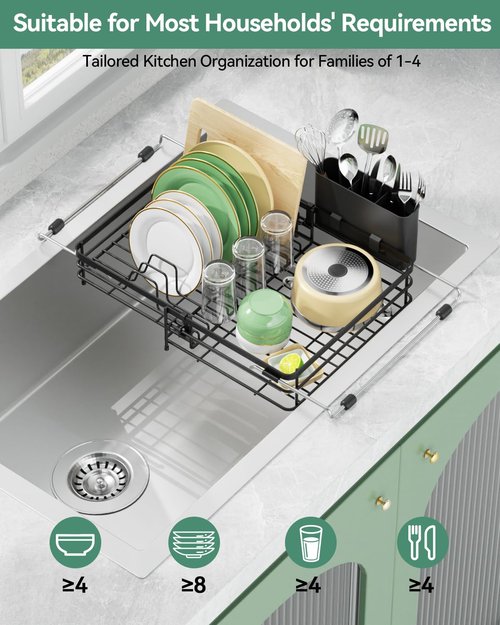 CosyPic Expandable in Sink Dish Drying Rack - Adjustable Capacity (11.1''-18.43 ''L) Over Sink Dish Drainer Drying Rack for Kitchen Counter, Dish Rack with Utensil Holder