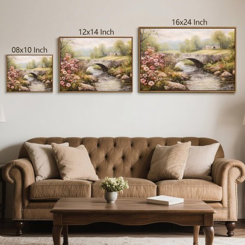 Gardenia Art Framed Canvas Wall Art - Spring Landscape with Mountain Bridge & Blooming Flowers | Perfect for Farmhouse Bedroom Decor