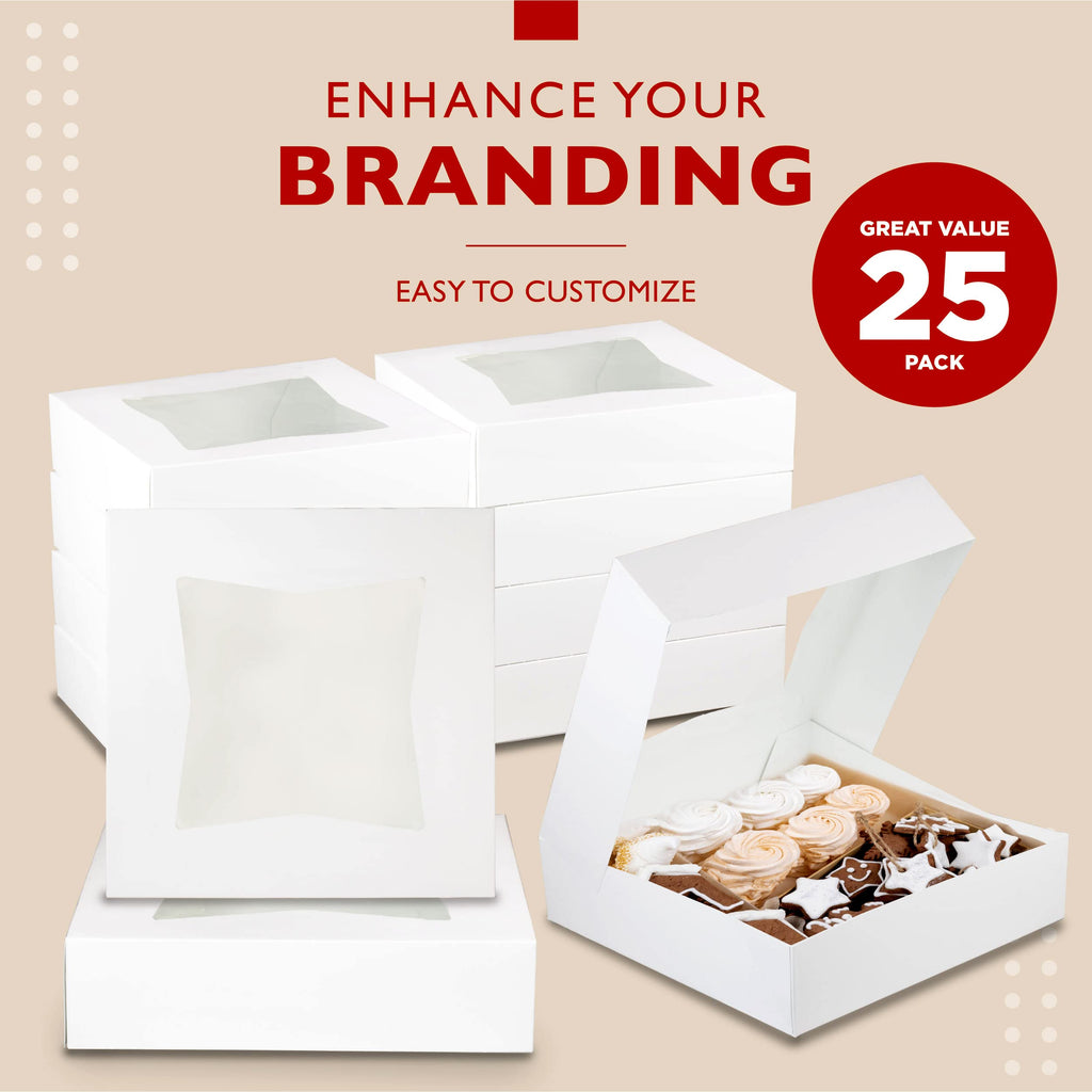 [25 Pack] Bakery / Pie Box with Window 10x10x2.5" - White Cardboard Packaging for Cupcake, Cookies and Pastry, Restaurant Containers And Personalized Favors