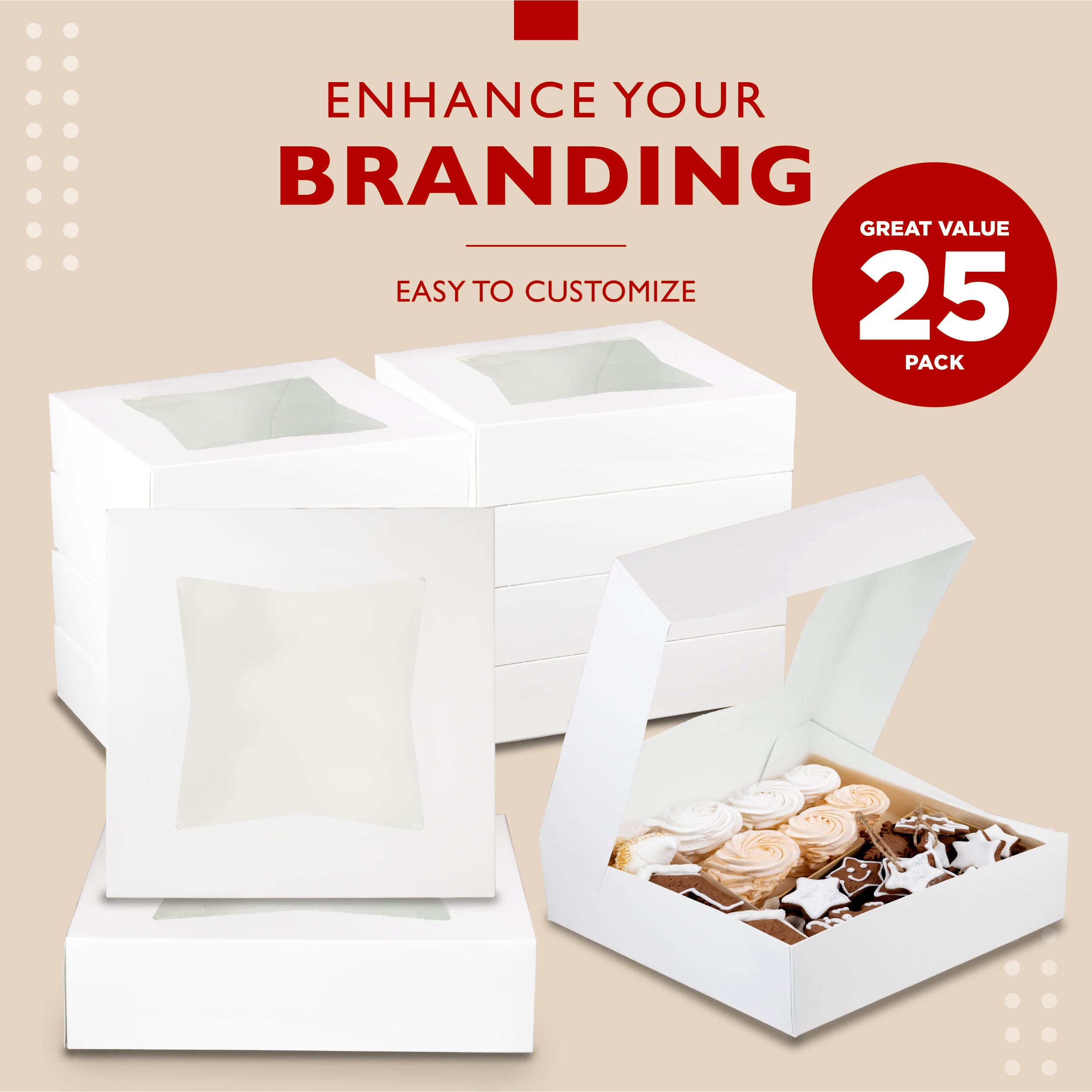 [25 Pack] Bakery / Pie Box with Window 10x10x2.5" - White Cardboard Packaging for Cupcake, Cookies and Pastry, Restaurant Containers And Personalized Favors